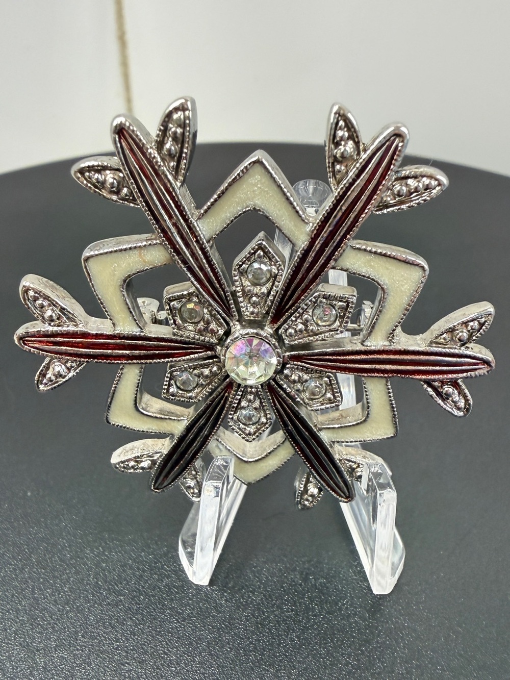 LIA SOFIA Silver-Tone Snowflake Brooch with Cream and Burgundy Enamel